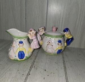 Vtg Green Trim Dutch Holland Windmill Boy & Girl Creamer and Sugar Set Kitschy